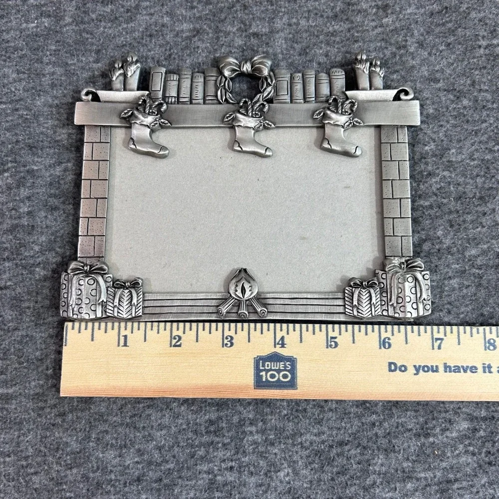 Vintage Christmas Fireplace Pewter Tone Metal Picture Frame Holiday Decor 3.5x5